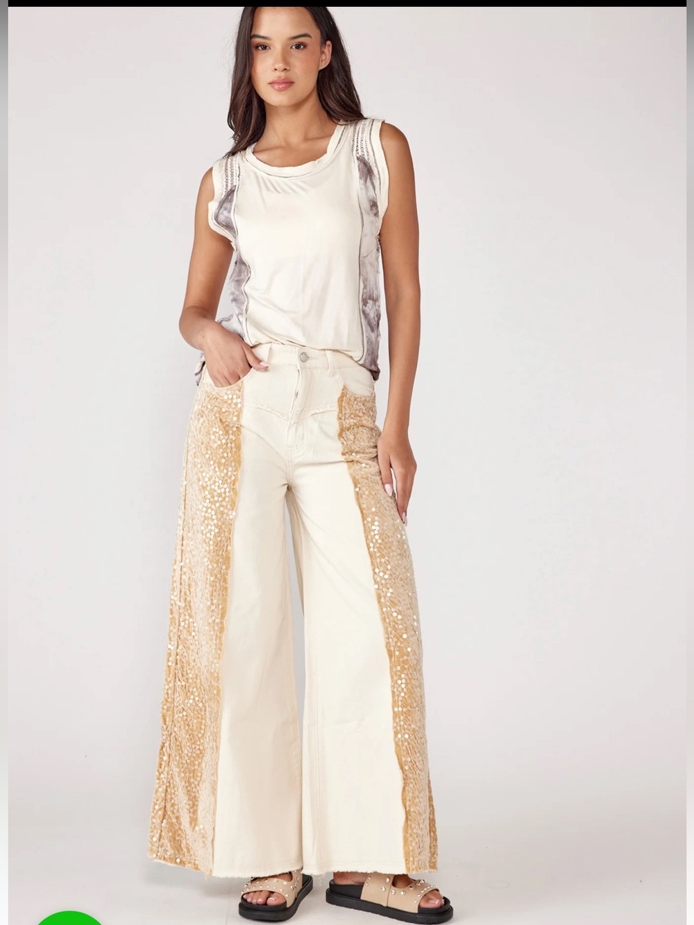 New: POL City Lights Boho Floral Sequence Lightweight Wide Leg Jeans• Medium